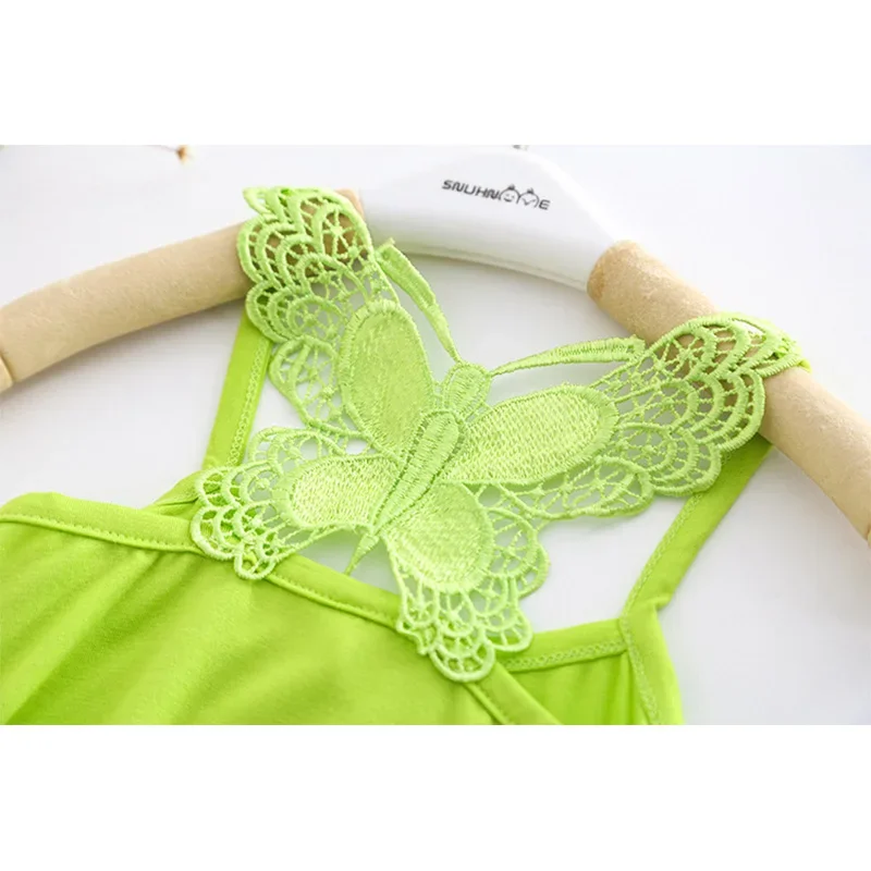 2024 Summer Lace T Shirt For Girls 3D Bow Cotton T Shirts Tops Kids Fashion Underwear Sleeveless Garment Clothing 2-8 Years