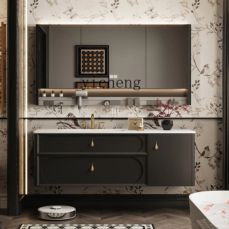 

LX Retro Bathroom Cabinet Smart Mirror Cabinet Combination Washroom Sink Rock Board