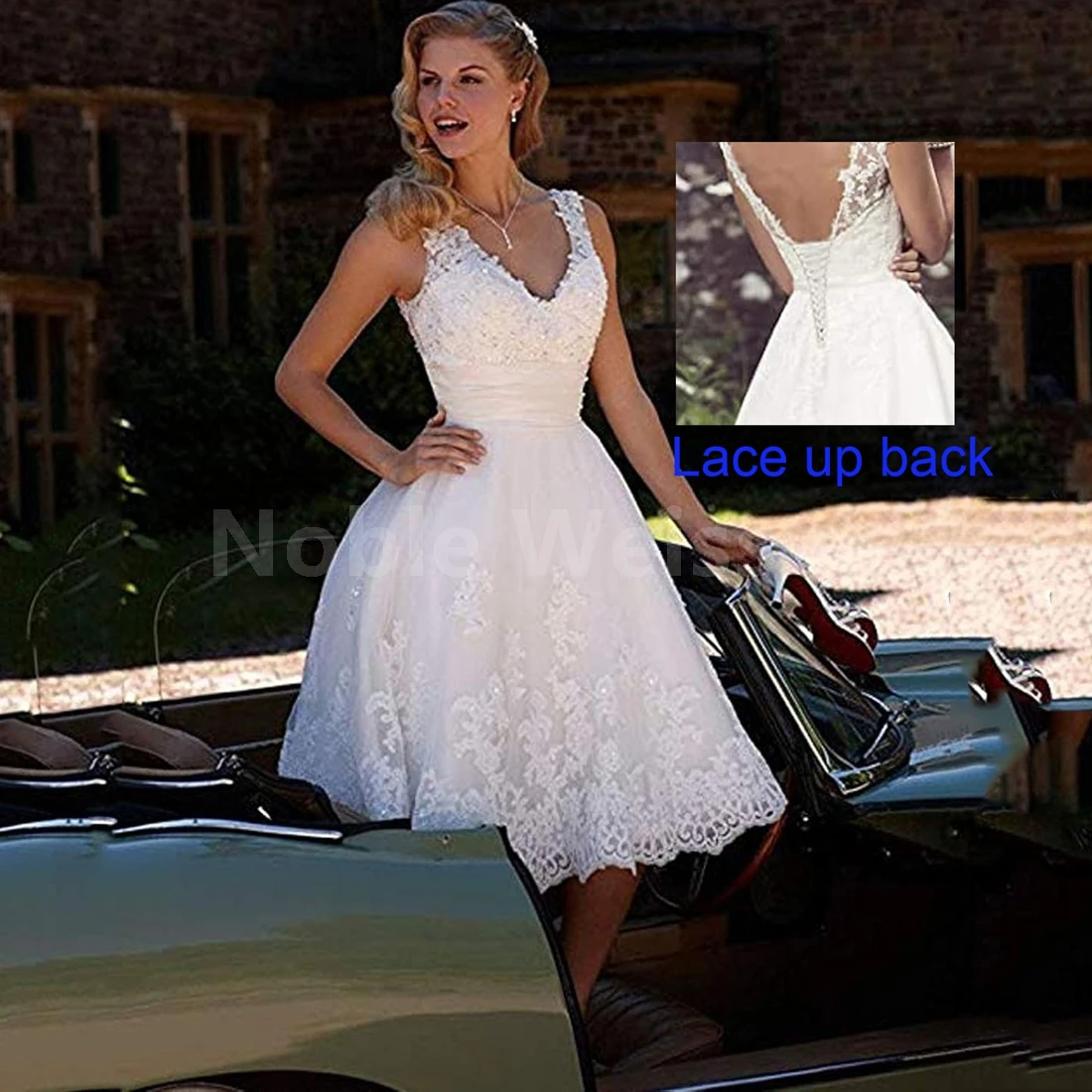 Short Lace Wedding Dresses Knee Length Travel Tulle Beaded V-Neck Lace Up Bride Gowns Vintage Dress Customized