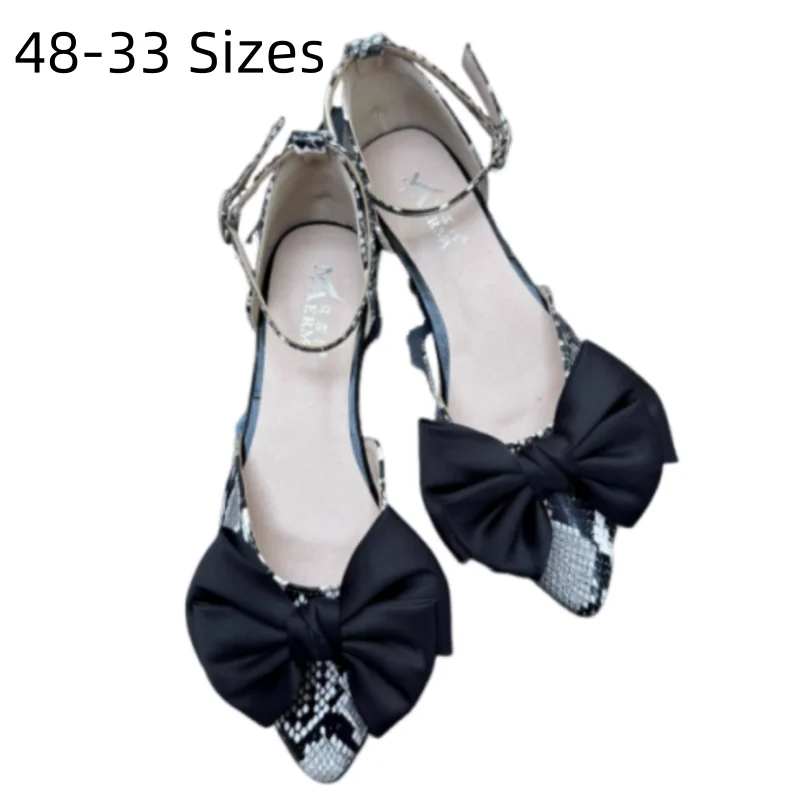 

Women Snake Texture Flat Sandals With Silk Black Bow Cover Heels Animal Prints Shoes Pointy Tip Top Shoes Plus Sizes 48 33 48 47