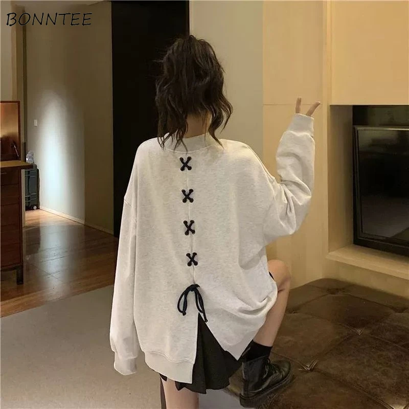 

Sweatshirts Women Letter Bandage Split Design Teens Sporty Cool Treetwear Girlish Ulzzang Spring New Arrival Loose Cozy Fashion