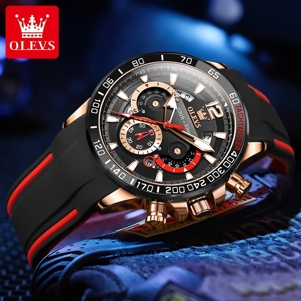 OLEVS 9936 Sport Quartz Watch Gift Round-dial Silicone Watchband Chronograph Calendar Luminous