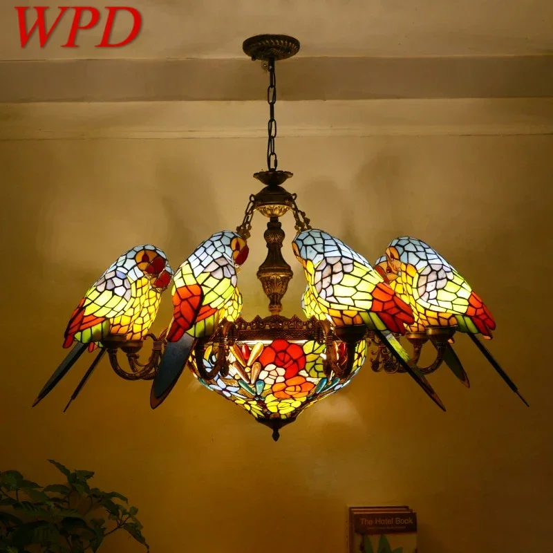 

WPD Tiffany parrot Chandelier LED Vintage Creative Color Glass Pendant Lamp Decor for Home Living Room Bedroom Hotel