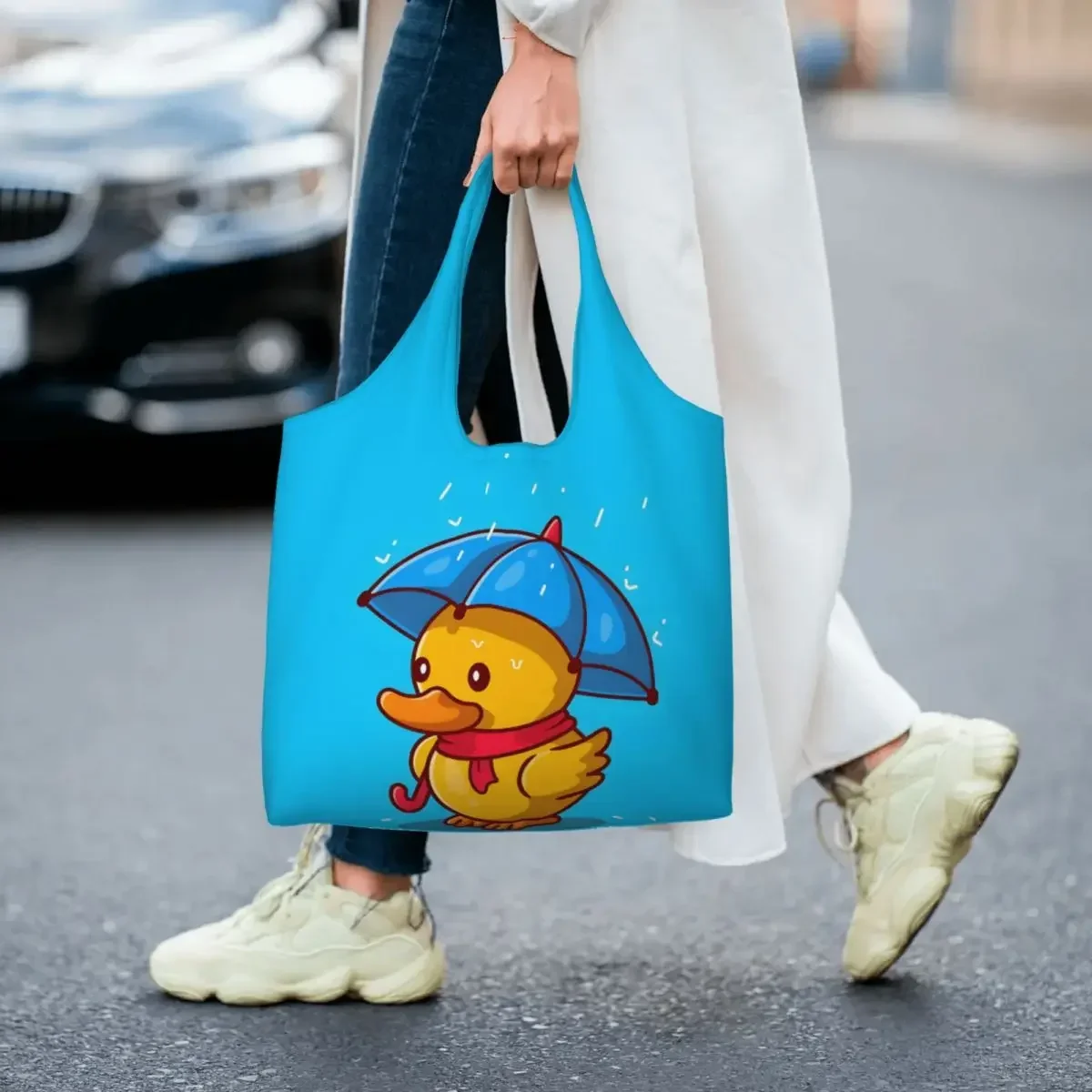 بطة مخصصة مع مظلة في المطر الكرتون البقالة حقيبة تسوق قماش المتسوق حقائب كتف سعة حقيبة يد محمولة