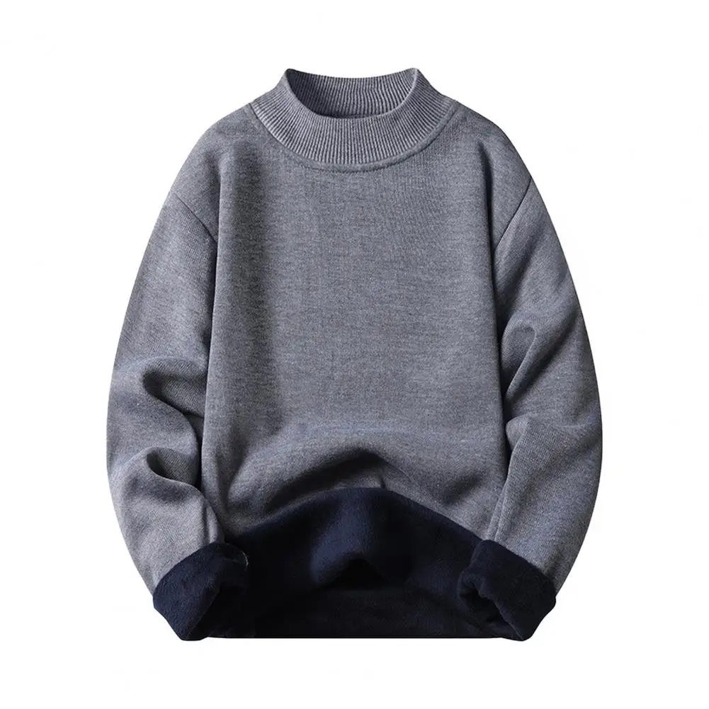 Men Sweater Thick Plush Lined Half-high Collar Knitted Elastic Pullover Loose Keep Warm Work School Sweater