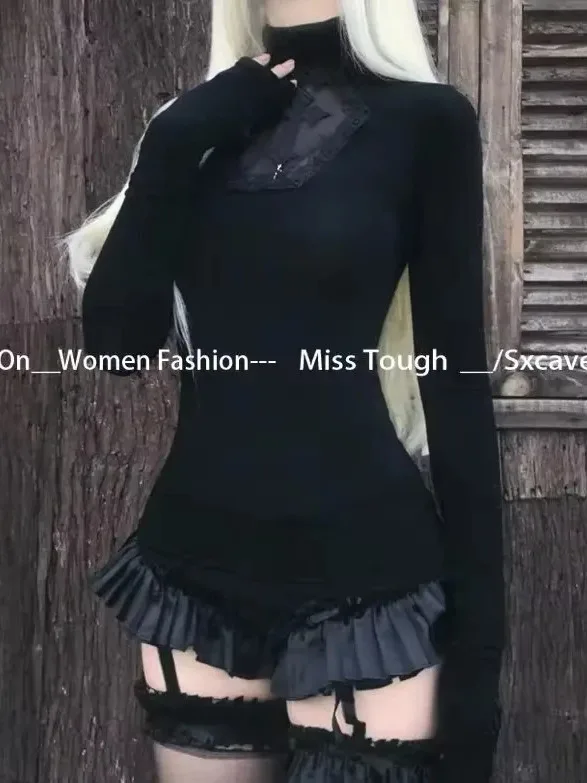 High Neck Schwarz Gothic Tees Kreuz Hohl Abnehmen Unten Gestricktes Hemd Frauen Halloween Sexy Y2k T-shirt Frauen Tops BCS4
