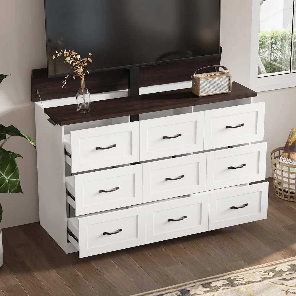 

TV Stand Cabinet with Charging Station, Motor Rising & Lowering Mount, Modern Entertainment Center with 9 Drawers for TVs