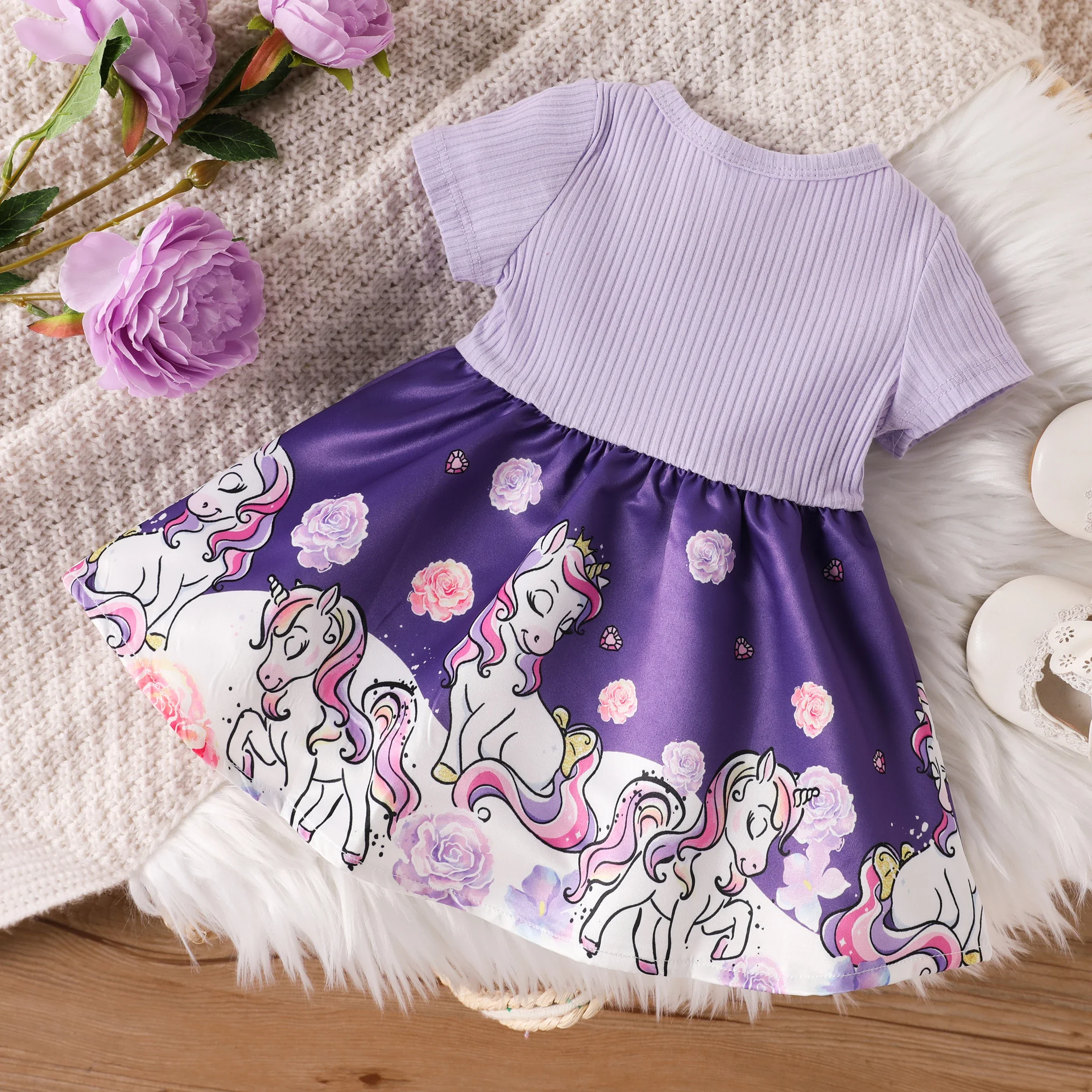 PatPat Baby Girl Colorblock Unicorn Pattern Bowknot Dress Suitable for Summer Season Soft and Comfortable  Perfect for Outings