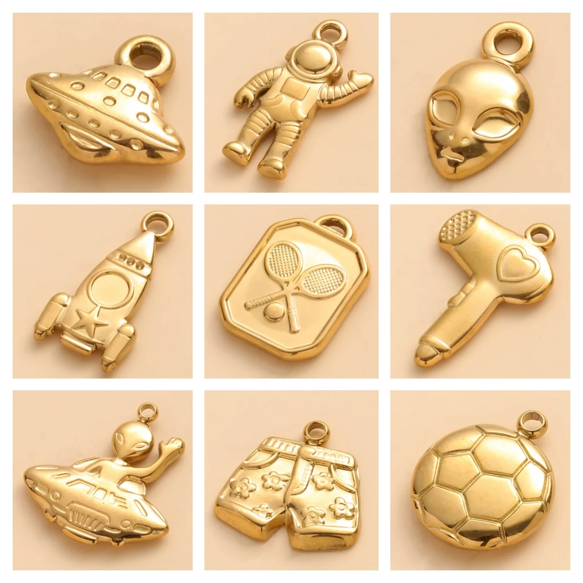 6pcs Space Series Stainless Steel Pendant Spacecraft Alien Gold Color Charms DIY Soccer Teapot Racket Commodity Pendants Jewelry