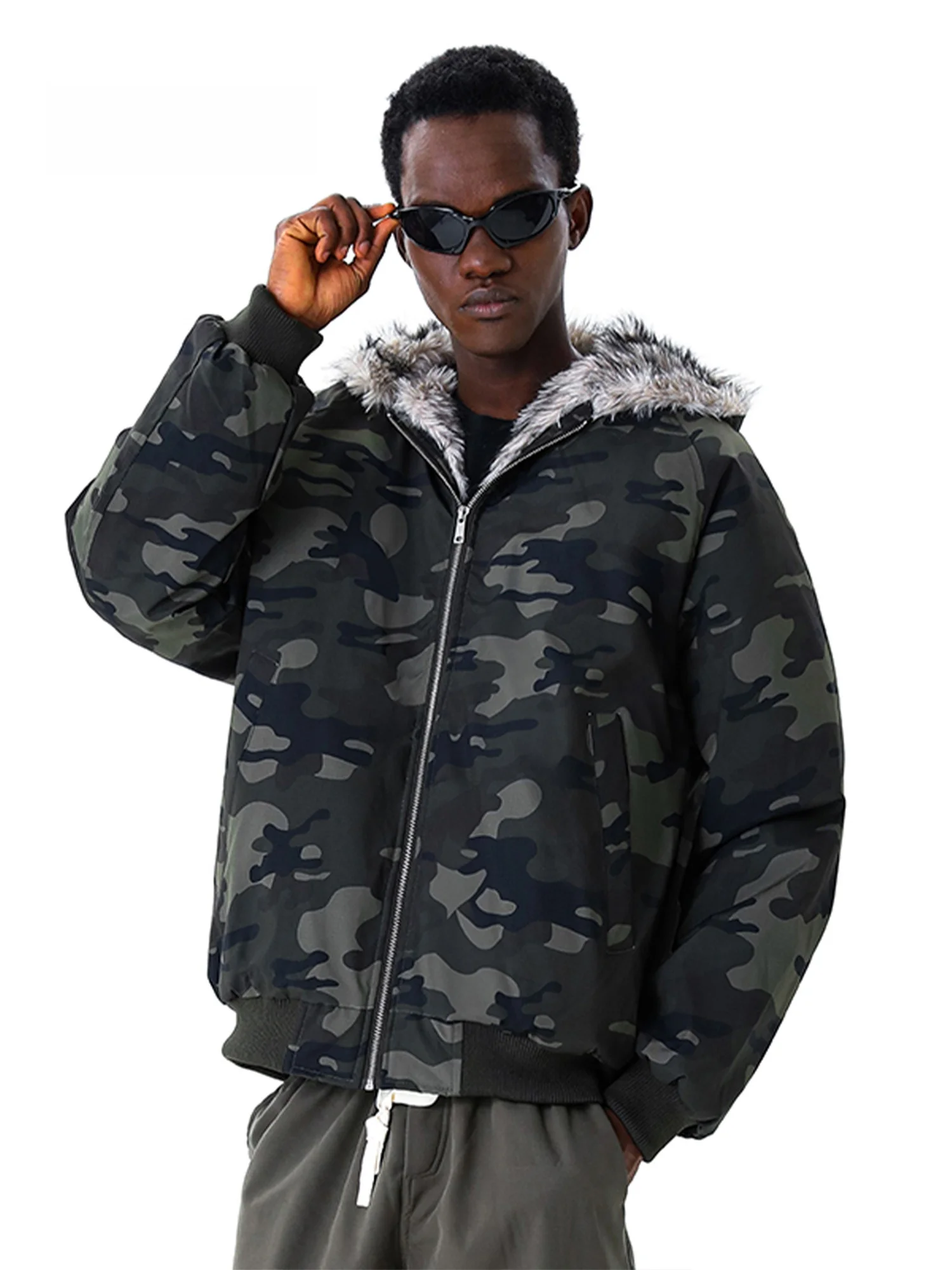 MMOPTOP Men's Camouflage Fleece Lined Cotton Jacket Winter Warm Coat Parka Casual Loose Fit Polyester Inner  Multi Pockets