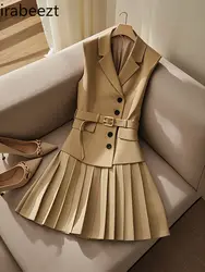 French Light Luxury Temperament Workplace Commuting Style Two-piece Summer Waistcoat and Pleated Skirt Suit Tweed Set