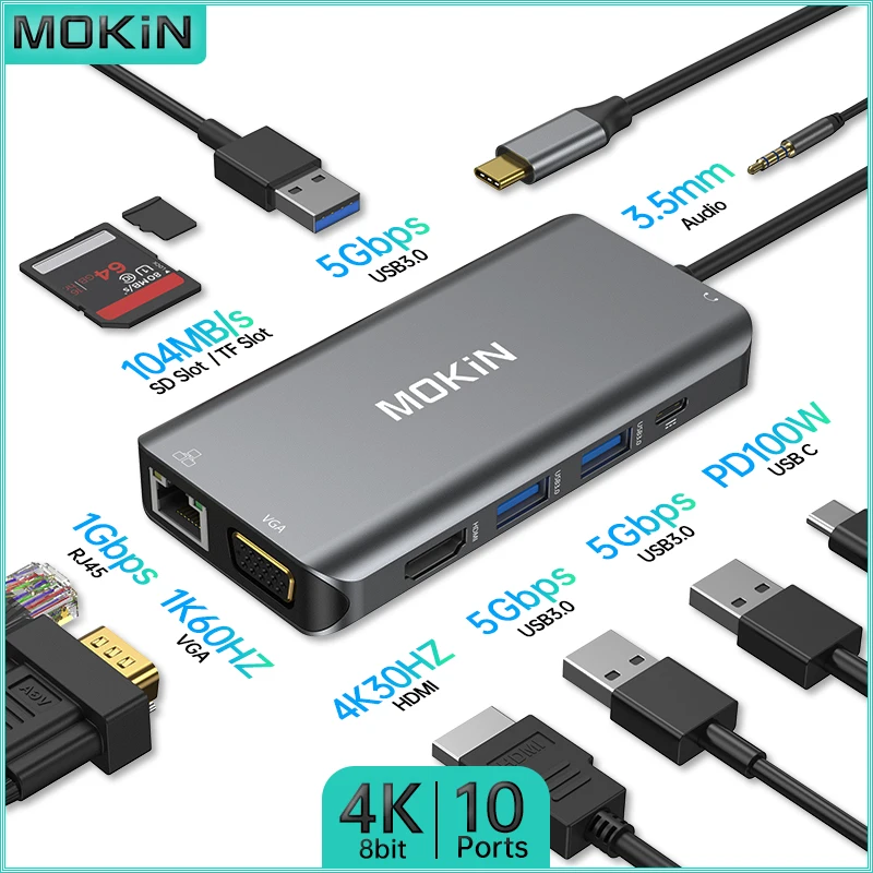 mokin 10 em docking station para macbook air pro ipad thunderbolt laptop usb30 hdmi 4k30hz pd 100w sd tf rj45 1gbps 01