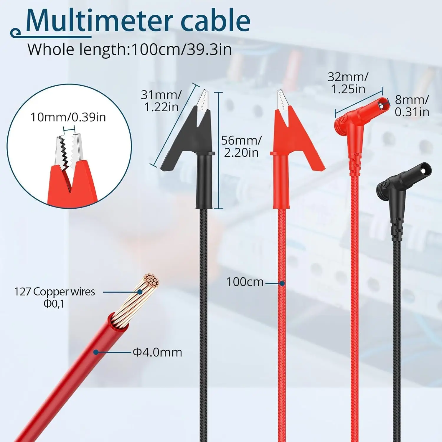 1M/3.28ft Banana Plug to Alligator Clip Test Cable,4mm Angled Banana Plugs,Copper Conductors,Braided Rope,15A/1000V,Multimeter