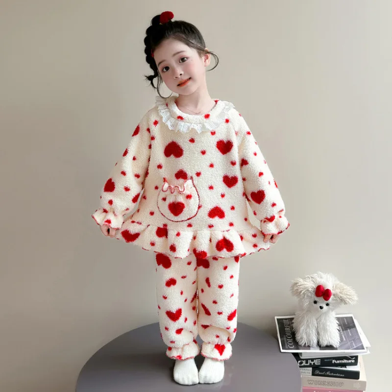 Fall Winter Cute Kids Stylish Ruffled Collar All Over Heart Loungewear Set 2026 Little Girl Fashion Pajamas Two Piece Set