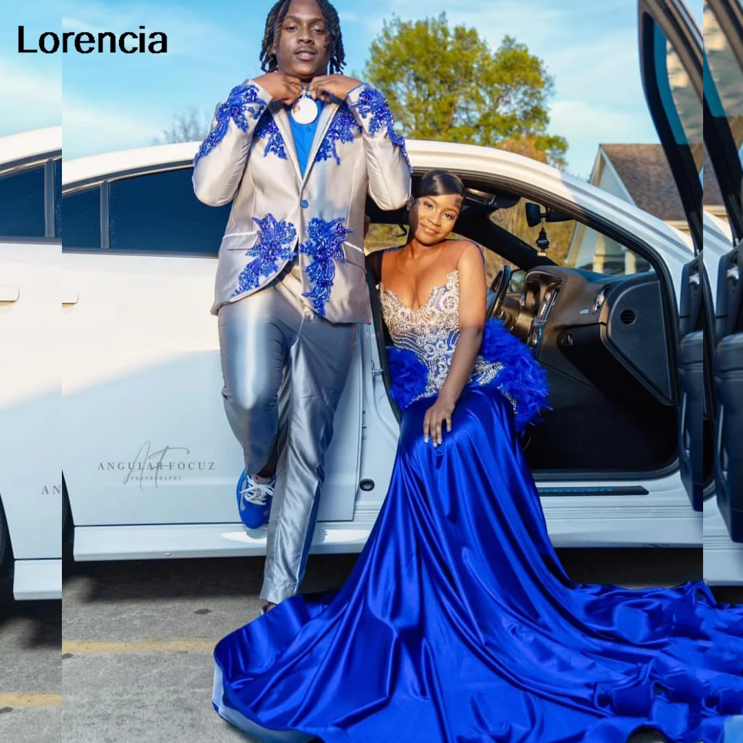 Customized Royal Blue Mermaid Feather Prom Dress For Black Girls Silver Rhinestones Beaded African Party Gala Gown YPD158