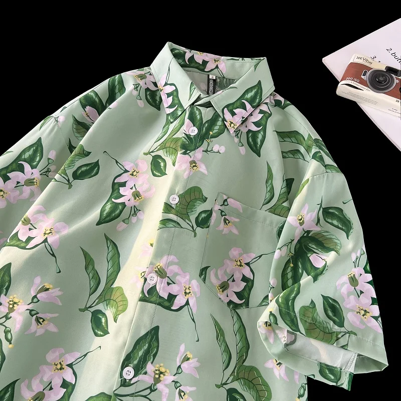 

Summer Chic Men's Floral Print irt ort Sve Loose Beach Sle Casual Youth Faion Square Collar Couple's Outfit