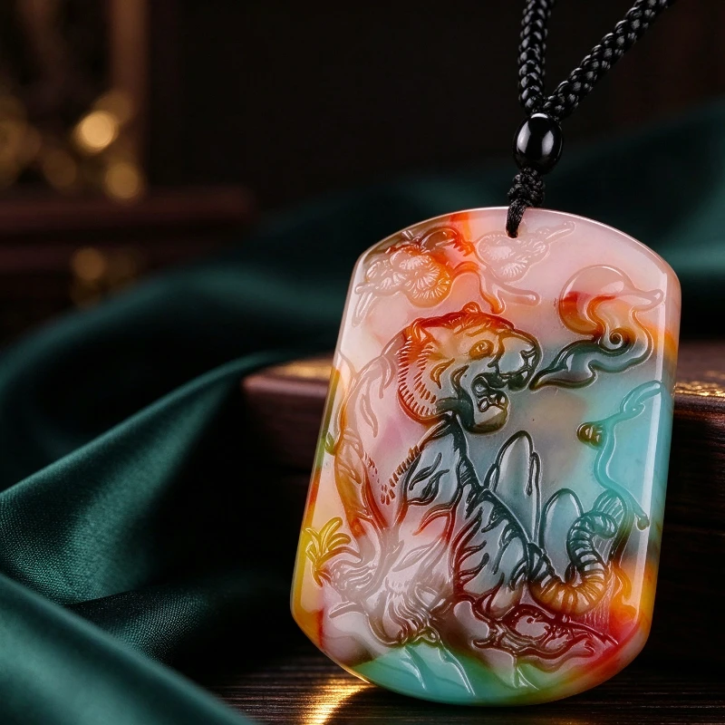 Natural Colorful Jade Brand Pendant, Simple Pendant, Zodiac Tiger Jewelry (random Rope)