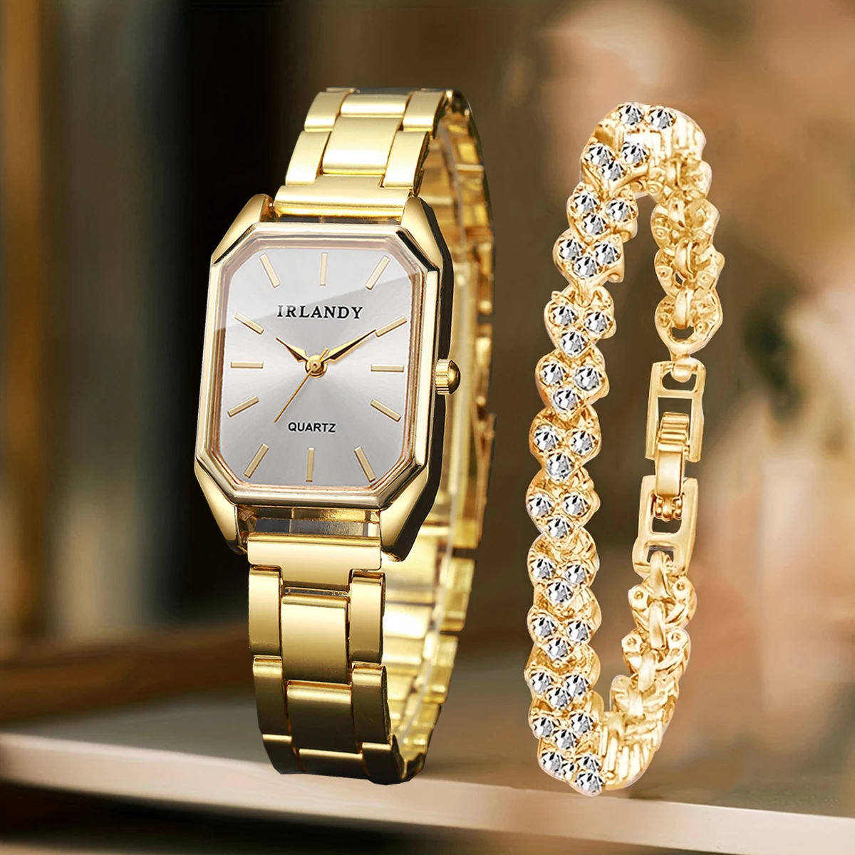 

2PCS Fashion Rectangle Women Quartz Watch Rhinestone Bracelet Set Elegant Ladies Wristwatches Relogio Feminino（Without Box）