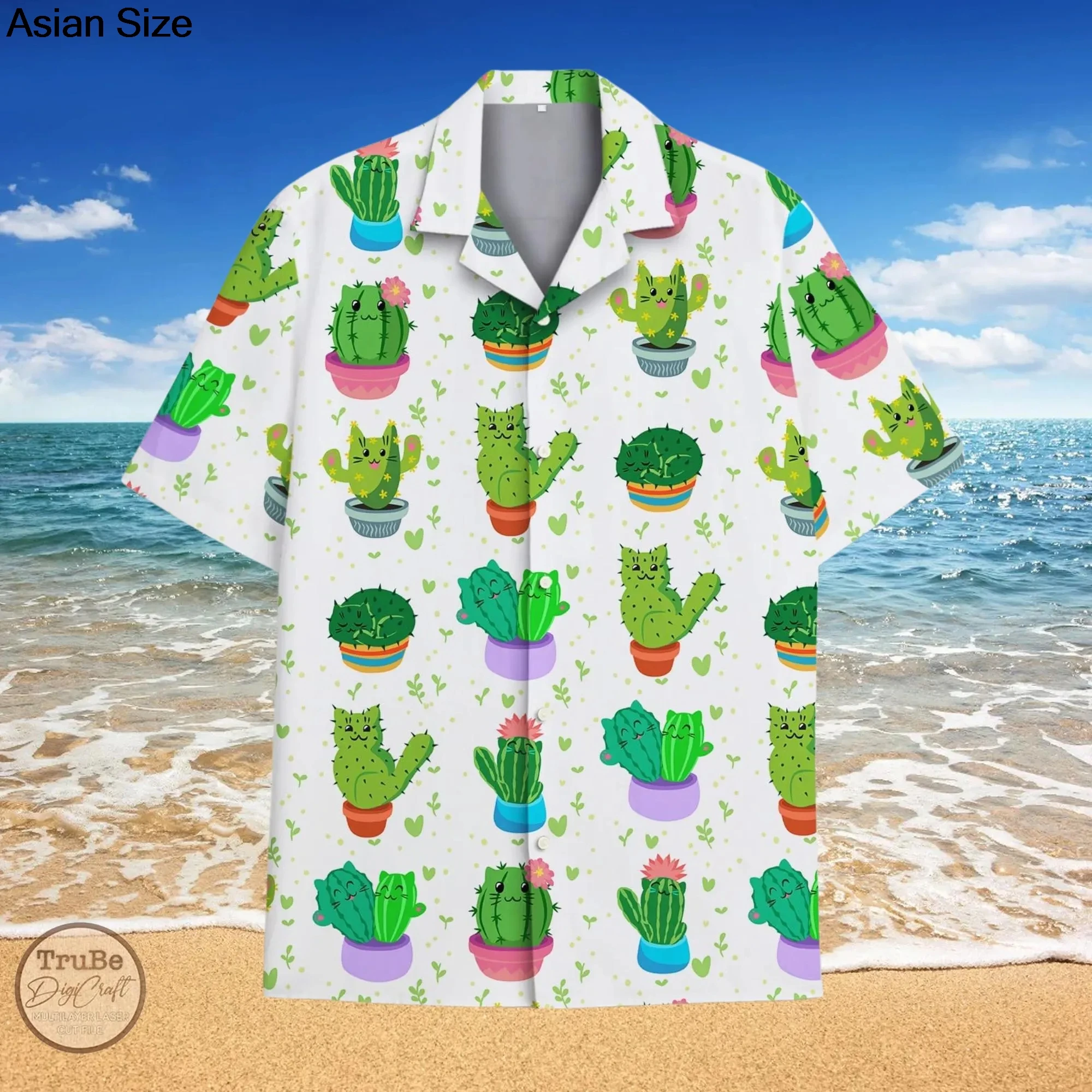 Cactus Cats Hawaiian Shirts Cute Summer Holiday Outfit For Men And Women, Cat Lovers Button Up Shirt, Beach Vacation Outfit Tops