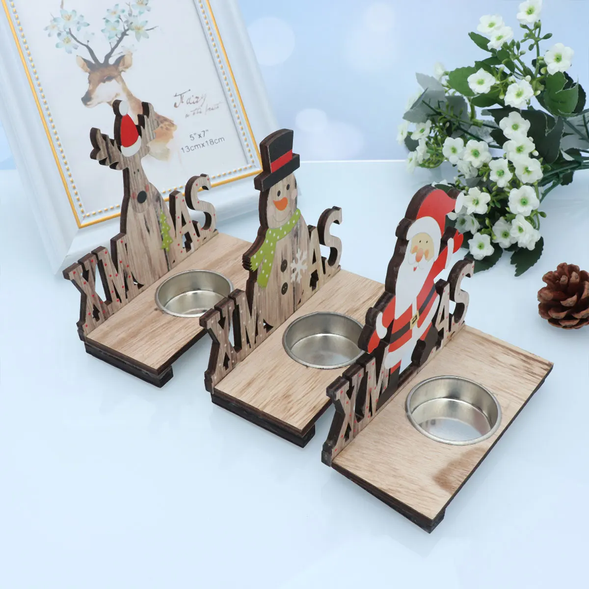 3 قطعة عيد الميلاد حامل خشبي الكرتون نمط Tealight حامل سطح المكتب ديكور سانتا كلوز ثلج الأيائل الشمعدان لتناول الطعام