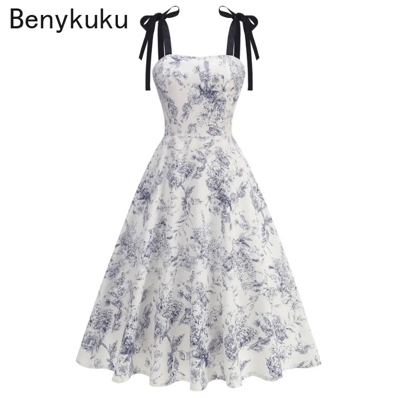 French Vintage Oil Painting Style Print Floral Strap Midi Dress Women Summer Clothes Sleeveless Swing Vacation Party Cami Dress