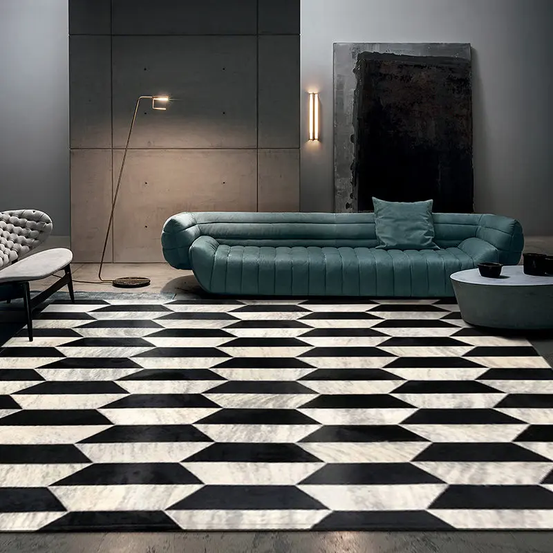 Creative Real Cowhide Carpet for Living Room Modern Simple Handmade Geometric Area Rug Study Sofa Floor Mat Nordic Style Bedroom