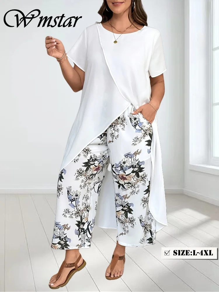 

Wmstar Plus Size Two Piece Sets Women Wholesale Long Top and Print Wide Leg Summer Matching Suit Fashion Street Wear 2025