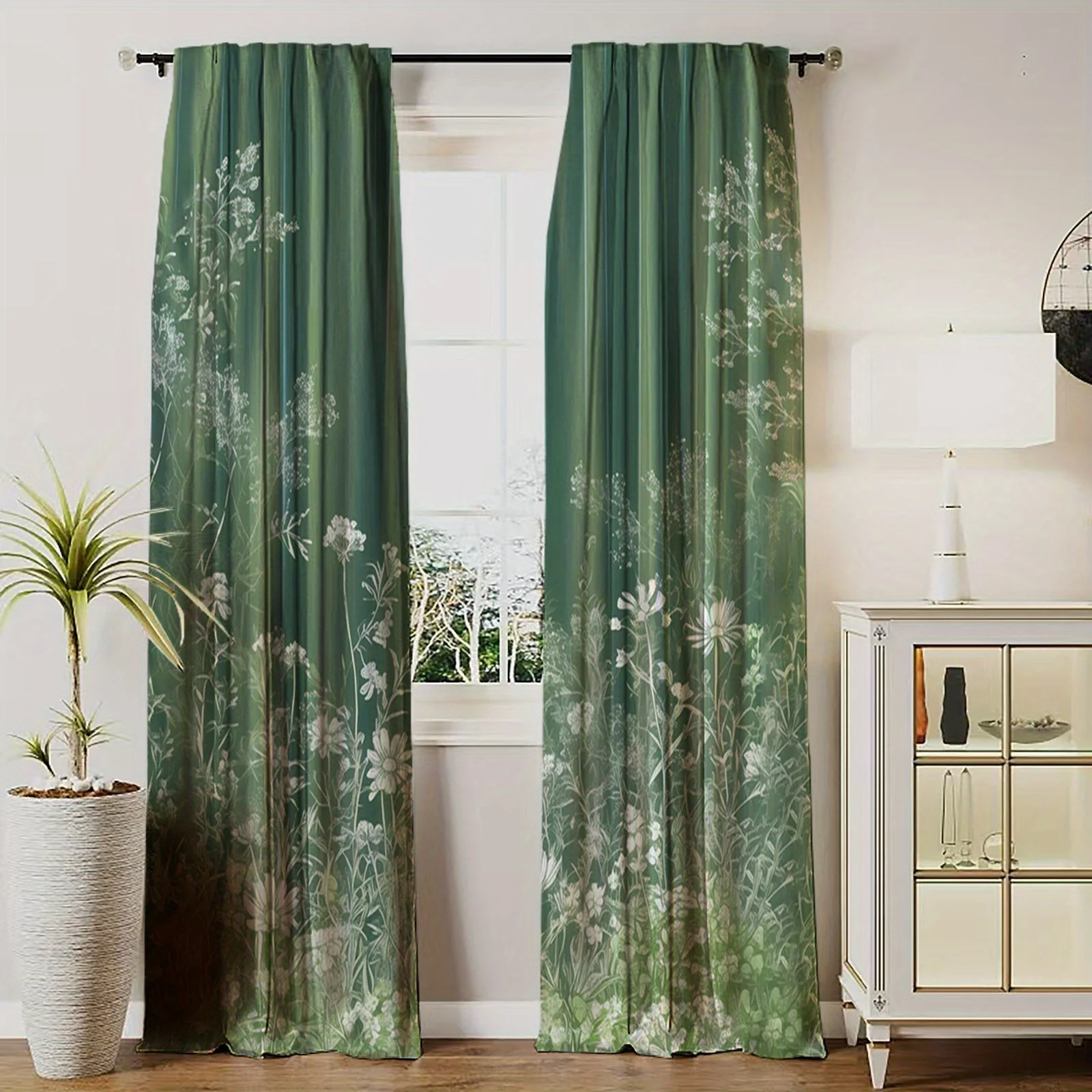 Elegant Green Floral Botanical Curtains Polyester Window Drapes for Living Room Bedroom Home Decoration Privacy Filtering Window
