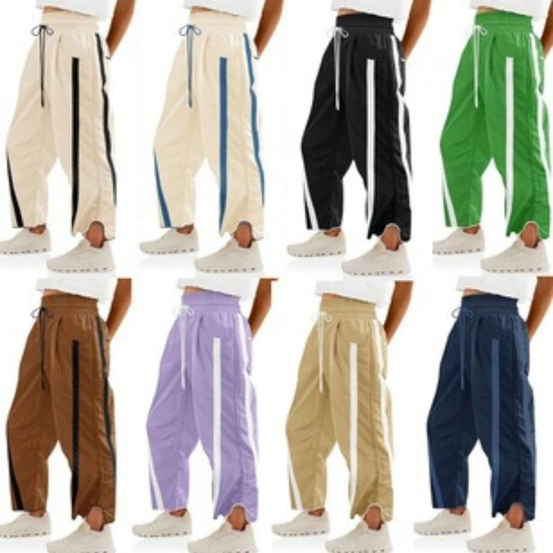 Women's Casual Loose Drawstring Trousers Color Block Exercise Sport Pants Versatile Long Pants Elastic Waist Straight Leg Pants