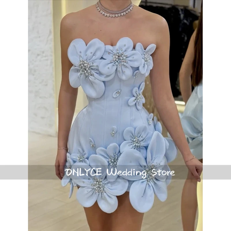 

Pretty Prom Dresses Satin Flower Short Strapless Mini Cocktail Dress Pearls Sleeveless A Line Party Gowns Beading Luxury