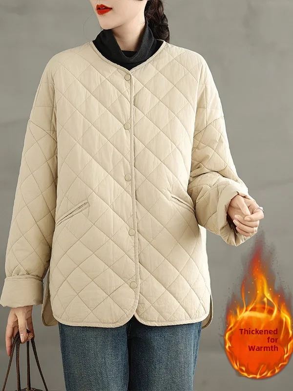 

Women's Diamond Pattern Light Cotton Jaet Thiened Autumn Winter New Sle Korean Loose Warm Cotton Clothes Long Sve