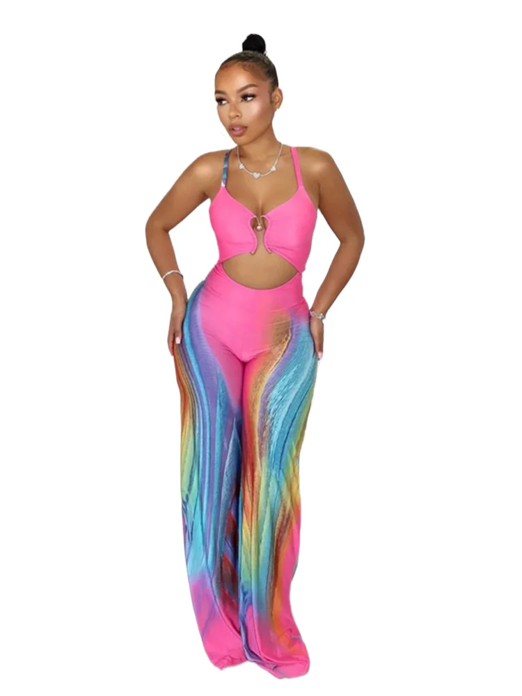 

Женские сексуальные комбинезоны с принтом тай-дай, лето 2021, модные свободные комбинезоны с v-образным вырезом и открытой спиной, широкие пляжные каникулы, цельные комплекты без рукавов