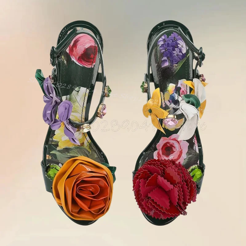 Colorful Appliques Decor Floral Print Sandals Ankle Buckle Strap Women Shoes Chunky High Heels Open Toe 2024 Zapatos Para Mujere