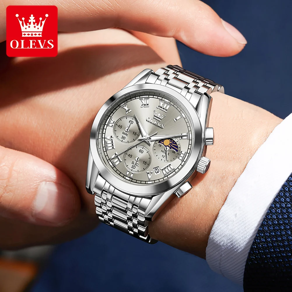 OLEVS 2871 reloj para hombre, reloj de cuarzo Original de lujo, resistente al agua, fecha luminosa, cronógrafo de fase lunar, reloj clásico a escala romana para hombre