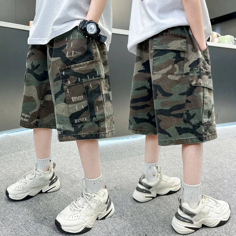 Summer Casual Teenager Kids Camouflage Shorts Big Boys High Waist Streetwear White Tweens Child Camo Cargo Bottoms 4-14 Years