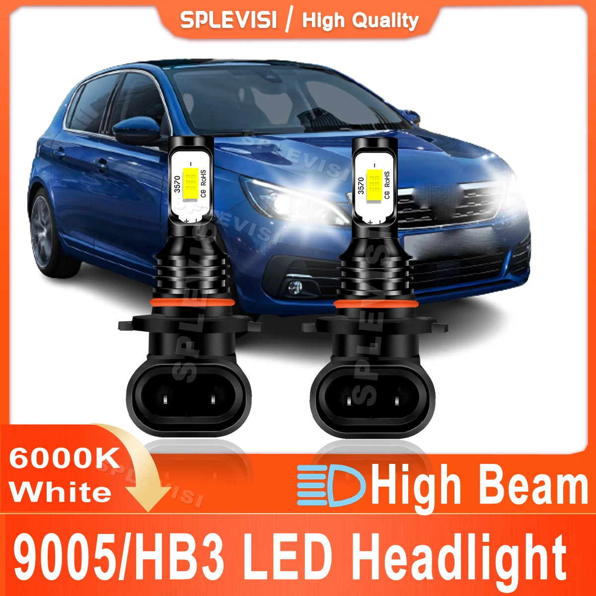 

2x CSP Chips Bright White Car Light 9005/HB3 70W 8000LM For Peugeot 308 II 2013 2014 2015 2016 2017 2018 2019 Headlamp High Beam