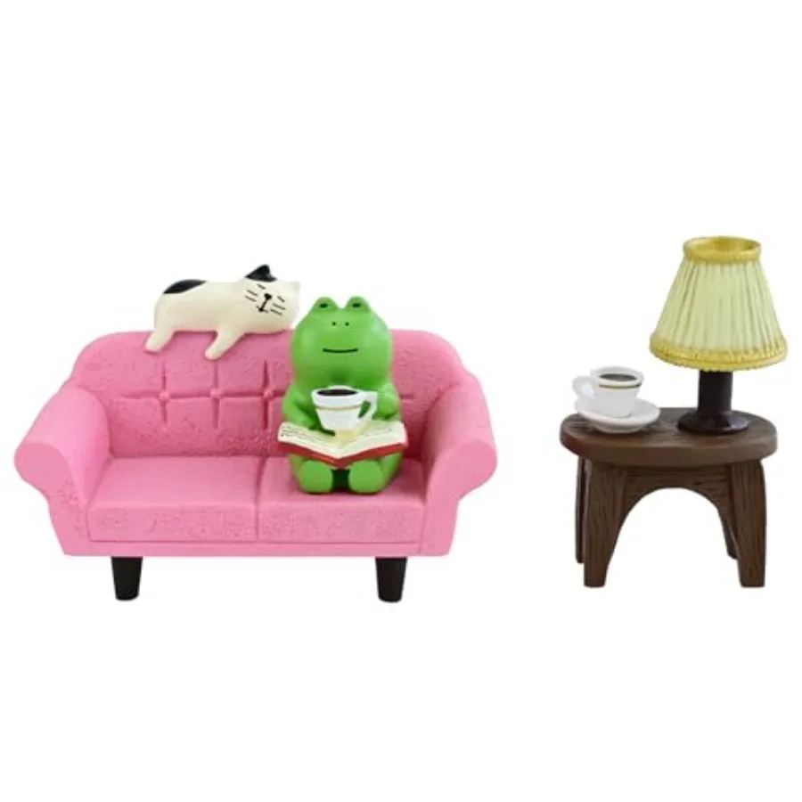 Cute Mini Frog Figurine with Small Sofa and Lamp Table Resin Figure for Office Home Decor for Frog Lovers Pink Sofa