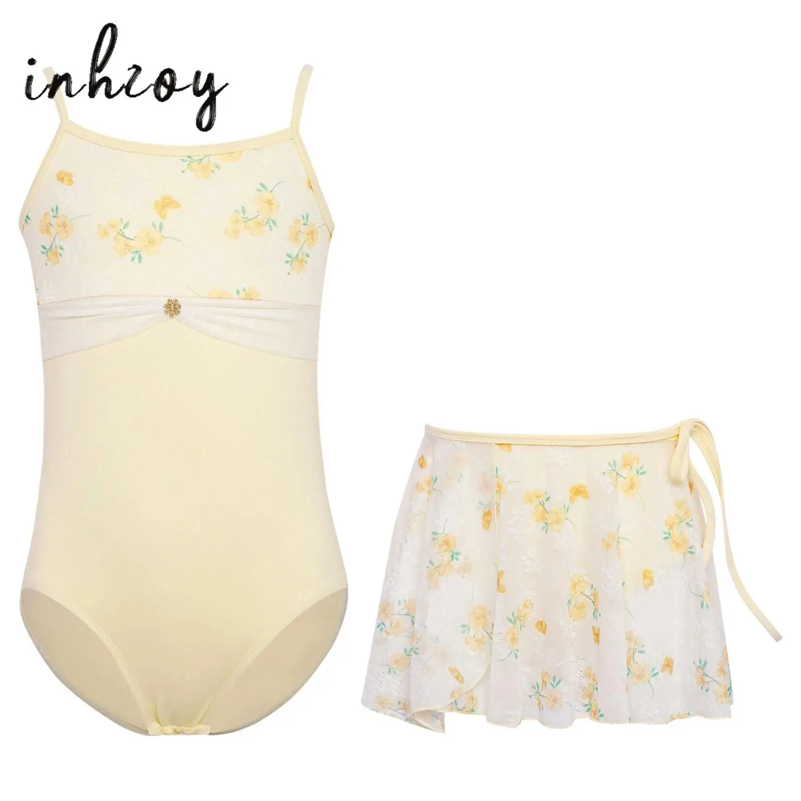 

Kids Girls Ballet Dance Gymnastics Bodysuit Adjustable Spaghetti Straps Floral Printed Sleeveless Leotard with Lace-up Skirt Set