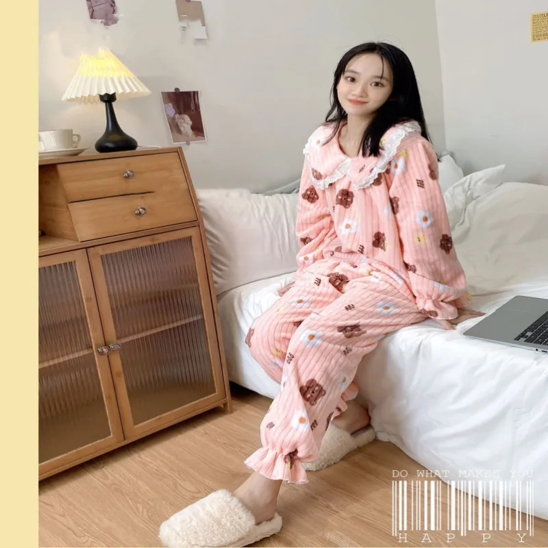 Thickened Warm Sleepwear Loungewear for Winter Printed Peach Pajamas Homewear Coral Velvet 2PCS Set Cartoon Bear Cute Plus Size