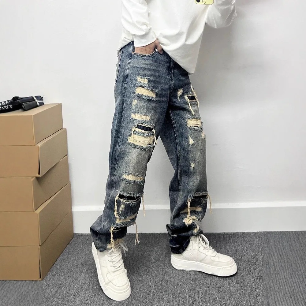 American Style 2025 New Fashion Men's Hole Patched Casual Trendy Wide Leg Straight Denim Trousers Male Loose Jeans Pants Clothes