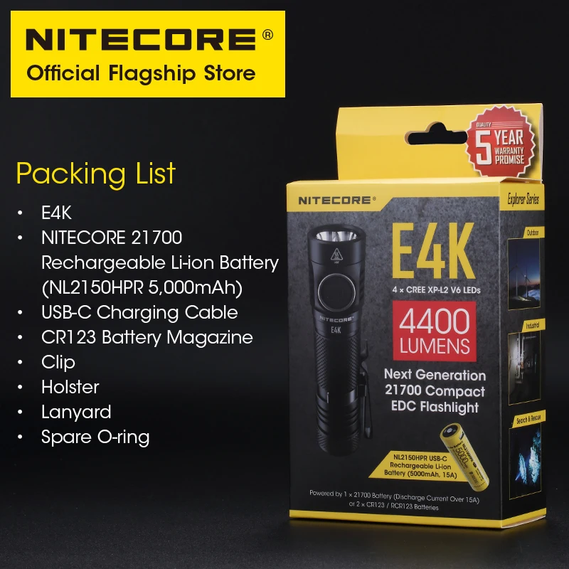Original NITECORE E4K 4400 lumen LED Flashlight super bright straight tube EDC Portable with 21700 5000mAh Rechargeable Battery