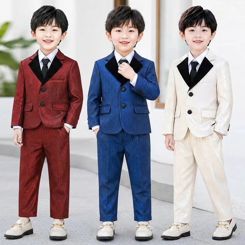 Autumn Winter Gentlemen's Glossy Suits Set Children's Piano Hosting Performance Costume British Flower Boys Wedding Dress