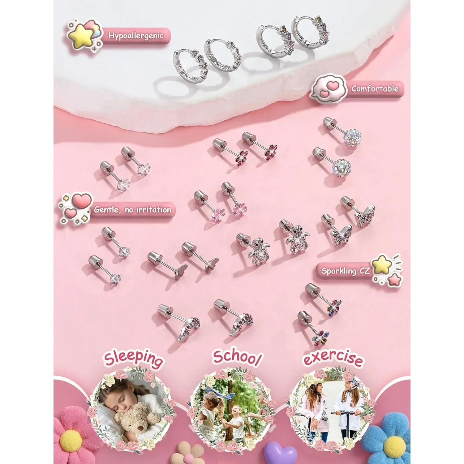 Bobisty 12 Pairs Hypoallergenic Surgical Stainless Steel Earrings for Women Screw Back  Stud Hoop Earring Set Cute Jewelry