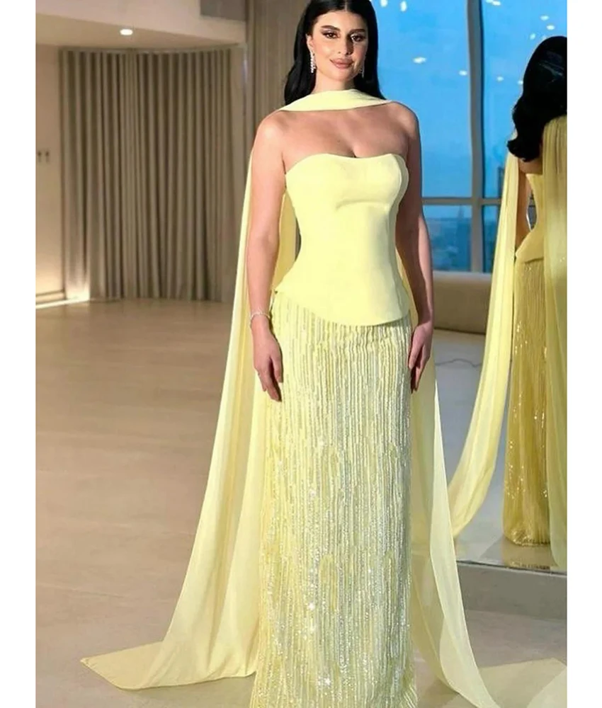 

Customized Exquisite Jersey A-Line Ribbons Crystal Tassel Evening Dress New fashion Sleeveless Strapless Celebrity Gowns