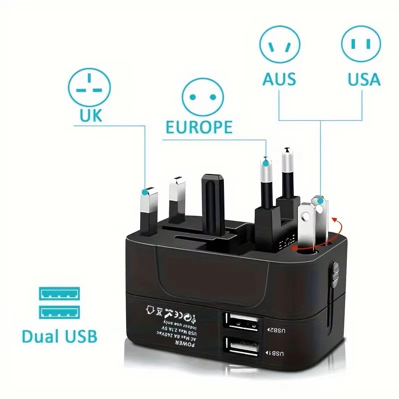 Travel Adapter, Worldwide All in One International Power Adapter Universal Adapter Plug with 2.1A Dual USB Charging Ports