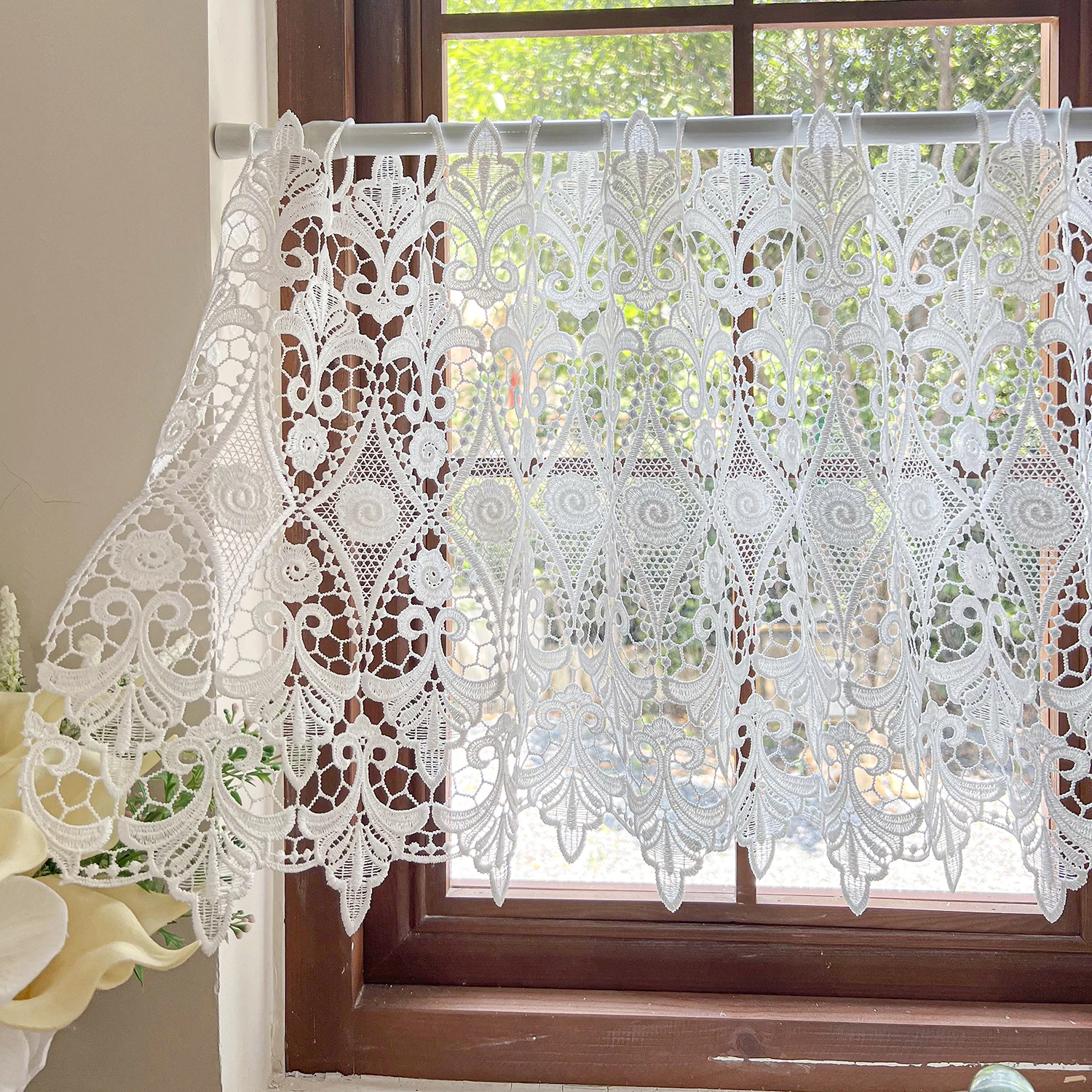 

Exquisite Rose Embroidery Hollow White Short Curtain For Windows, Specially Designed Small Window Curtains for Kitchen