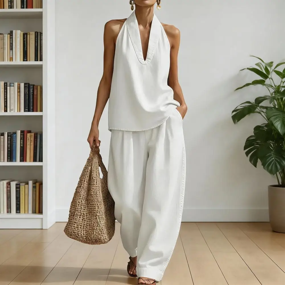 

2026 Summer Women Sleeveless Denim Suit V-Neck High Waist Casual Loose Pants Outfit Simple Chic Two Pieces Loungewear Sets