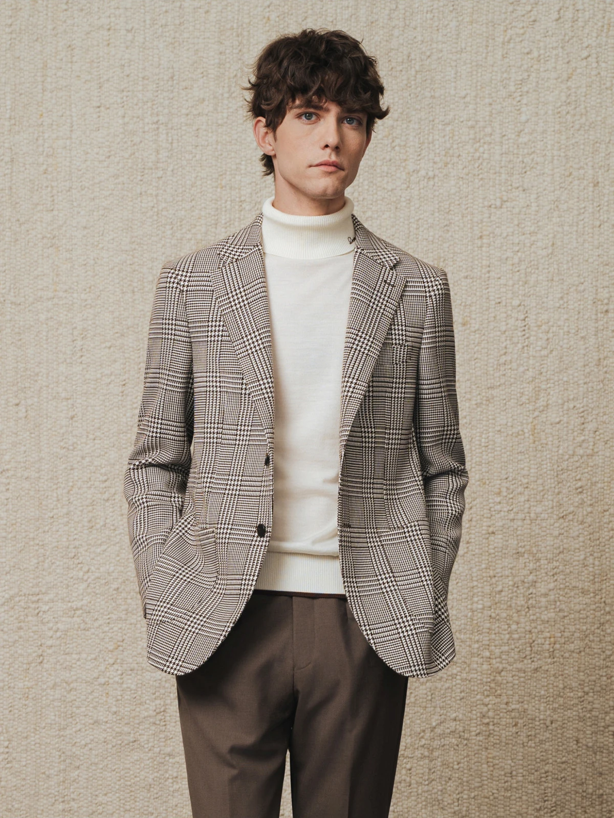 Men's 95% Wool 5 %Cashmere Blazer Prince of Wales Check Pattern Heavyweight Winter Blazer for Business Casual Premium Solid 44