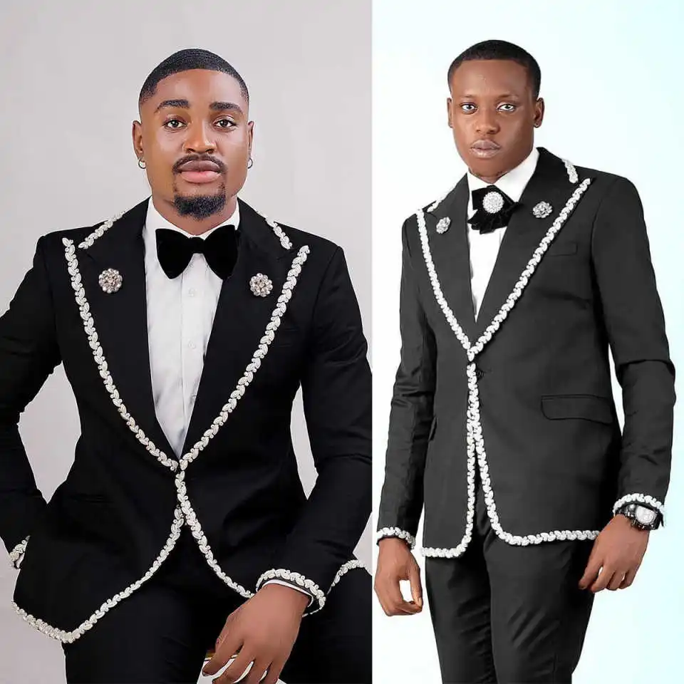 

Luxury Wedding Suits For Groom Peaked Lapel Tuxedos Crystal Single Breasted 2 Pcs Jacket with Pants Customized