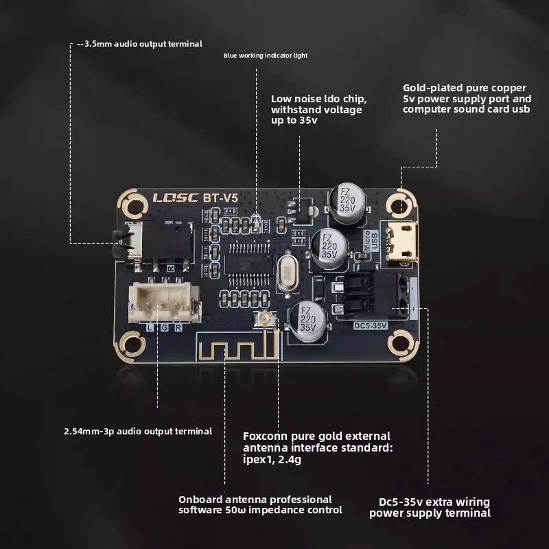 SOTAMIA Bluetooth 5.1 Scheda di ricezione e decodifica audio 5V 35V12V Ampia tensione USB Scheda audio per computer Decodifica BT V5